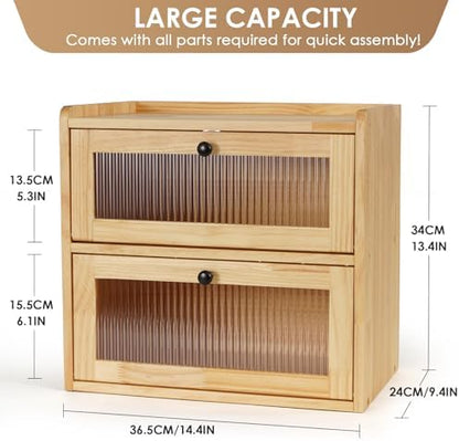 Sunhoo Bread Box for Kitchen Countertop Wooden Bread Storage Container Bin 2 Layer Breadbox Holder Large Capacity Keeper Vintage Farmhouse Food Organizer Pantry Shelf Acrylic Window（Wood color）