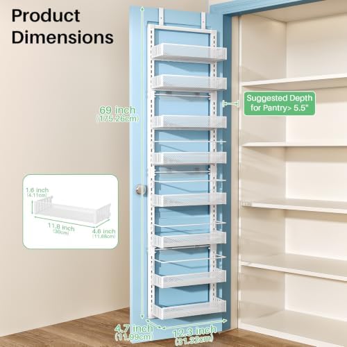 SNTD 8 Tiers Narrow Over the Door Organizer, 12.3"W x 4.7"D x 69"H, White