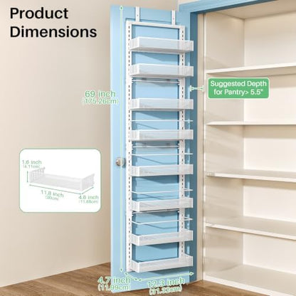 SNTD 8 Tiers Narrow Over the Door Organizer, 12.3"W x 4.7"D x 69"H, White