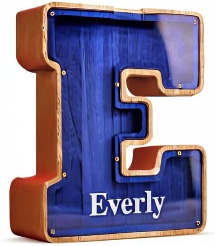Summidate Customized Name Large Wooden Piggy Bank for Kids Boys Girls Alphabets Letter A-Z Coins Bills Money Change Bank Box Initial on Clear Cover (Laser Engraved) (Alphabet-B, Personalized-9")