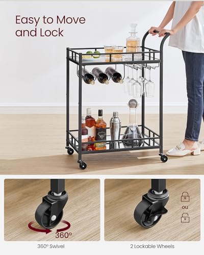 VASAGLE Bar Cart with 2 Mirrored Shelves, Wine Holders, Glass Holders