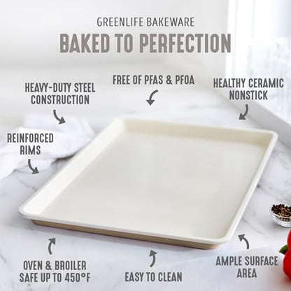 GreenLife Bakeware 18” x 13” Half Cookie Sheet Baking Pan, Non-Toxic PFAS-Free Healthy Ceramic Nonstick, Oven Safe to 450°F, Easy Release, Even Heating, Easy Clean, Taupe