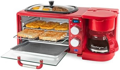Nostalgia 3-in-1 Retro Breakfast Station - Includes 5 (4 Oz) Cup Coffee Maker, Non-Stick Ceramic Griddle, and 4-Slice Toaster Oven - Built-In Timer, Reusable Coffee Filter, Space-Saving Design - Red