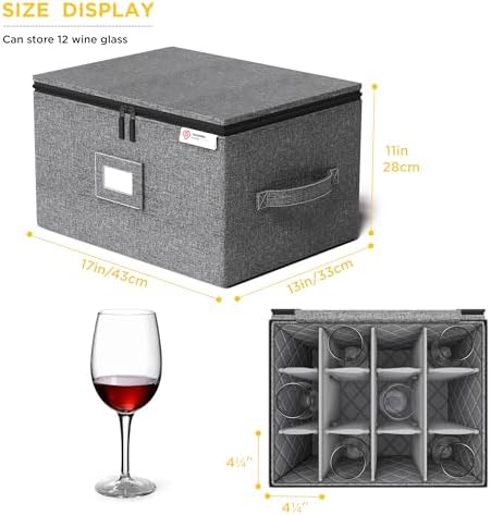 YearningHome Wine Glass Storage Box with Dividers,Hard Shell and Stackable Stemware Storage Containers with Sturdy Handle for Glassware Crystal Storage and Transport,Grey,Holds 12