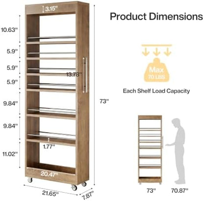 Tribesigns 73" Tall Slim Storage Cart on Rubber Wheels, 7-Tier Narrow Pantry Cabinet, Rolling Skinny Spice Rack Organizer Next to Fridge, Wooden Pull-Out Storage Shelf for Kitchen Small Spaces, Brown