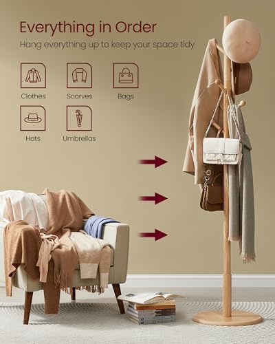 VASAGLE Solid Wood Coat Rack, Free Standing, 8 Hooks, 3 Height Options