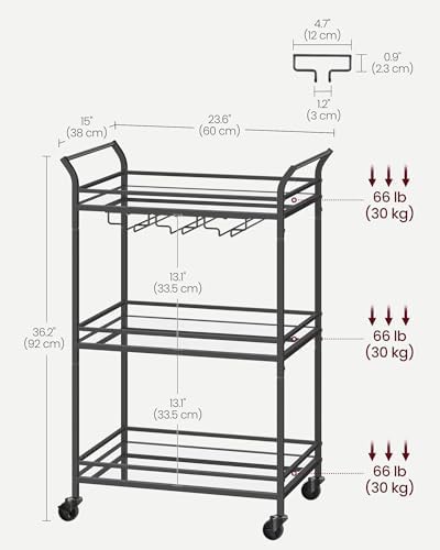 VASAGLE Bar Cart Black, Large Home Bar Serving Cart with 3-Tier