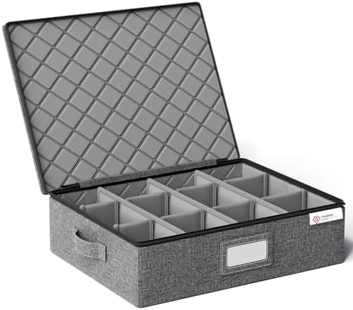 YearningHome Cup and Mug Storage Boxes with Dividers,Hard Shell Coffee Mug Organizer with Lid,Handles,Zips and Label Window for Coffee Mugs,Tea Cups,Packing and Moving,Hold 12,1 Pack, Grey