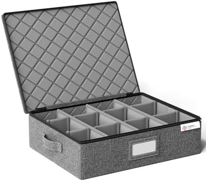 YearningHome Cup and Mug Storage Boxes with Dividers,Hard Shell Coffee Mug Organizer with Lid,Handles,Zips and Label Window for Coffee Mugs,Tea Cups,Packing and Moving,Hold 12,1 Pack, Grey