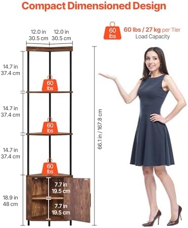 VEVOR 5 Tier Corner Shelf with LED Light, 65.4" Tall Corner Bookshelf with Storage Cabinet, Display Shelf with Multi-Color Lights Controlled Via RC/APP for Bedroom, Living Room, Office