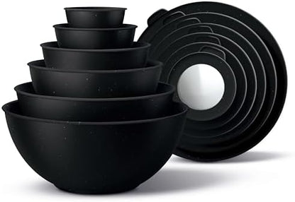 COOK WITH COLOR Mixing Bowls with TPR Lids - 12 Piece Plastic Nesting Bowls Set includes 6 Prep Bowls and 6 Lids, Microwave Safe (Speckled Black)