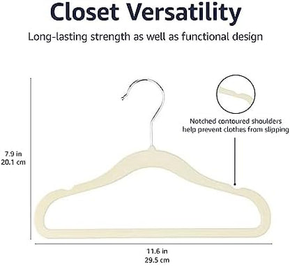 Amazon Basics Kids Space Saving Velvet Non-Slip Clothes Hangers with Shoulder Notches for Infant and Toddler, 11.6", Beige 50 Count (Pack of 4)