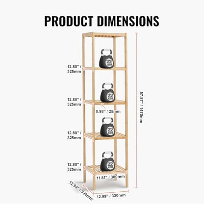 VEVOR 5-Tier Bathroom Standing Shelf, Narrow Shelving Unit, Display Storage Rack Organizer, Freestanding Flower Plant Stand, Multifunctional Bamboo Shelf Ideal for Bathroom, Kitchen, Home, Natural