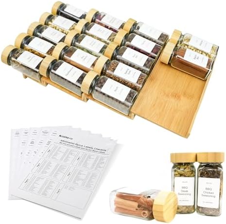 Spice Drawer Organizer with 20 Bamboo-lidded Spice Jars,216 Labels,25 Non-slip Rubber, Bamboo 4 Tier Seasoning Rack Tray Insert for Kitchen Drawers,Cabinets,Countertop,9" Wide x 15.8" Deep