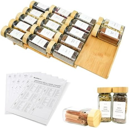 Spice Drawer Organizer with 20 Bamboo-lidded Spice Jars,216 Labels,25 Non-slip Rubber, Bamboo 4 Tier Seasoning Rack Tray Insert for Kitchen Drawers,Cabinets,Countertop,9" Wide x 15.8" Deep