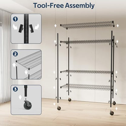 Whitmor 4 Tier Storage Shelves with Wheels, Heavy Duty Metal Shelving Unit, 625 lbs Capacity per Shelf, 2500 lbs Total for Kitchen, Garage, Plant, 55" L x 24" W x 72" H, Black
