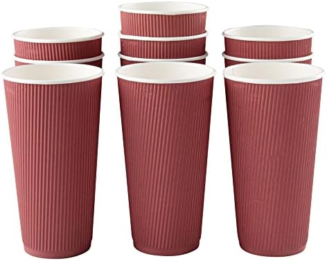 Restaurantware Ripple Wall Coffee Cups 10 Count 20 Ounce Insulated Crimson Paper Cups, Rolled Rim Spill-Resistant Disposable Paper Non-Slip for Coffee, Beverages