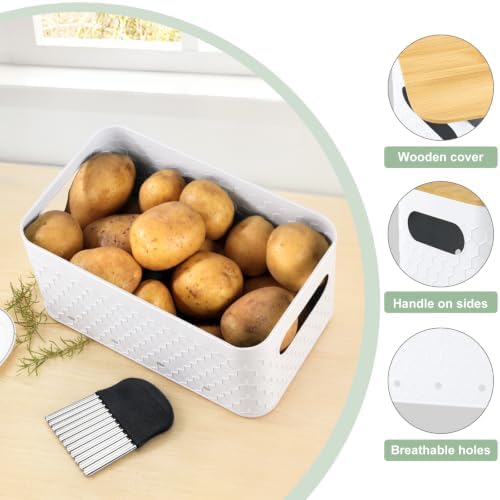Kitchen Vegetable Storage Set of 3, Metal Onion Garlic Potato Storage Set, Kitchen Canisters Vegetable Keeper Containers with Aerating Holes and Bamboo Lid,Embossed White