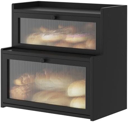 Double Layer Bamboo Bread Box for Kitchen Counter,Bread Holder,Countertop Bread Storage with Window (Black)