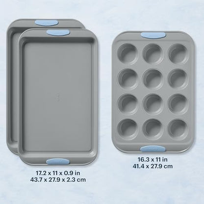 Pyrex 3-Piece Metal Cookie & Muffin Sheet Bakeware Set, Cerulean