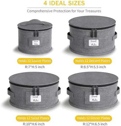YearningHome China Storage Containers,4 Piece Set,Hard Shell Moving Boxes for Dishes,Plate,Dinnerware,Saucers Quilted Organizer Dividers for Packing Fine China Storage Containers,Grey