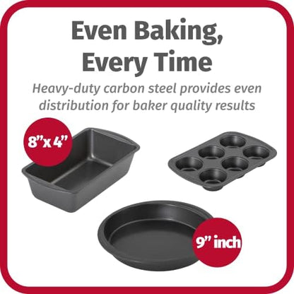GoodCook Everyday Nonstick Steel 5-Piece Bakeware Set, Gray, Includes Cookie Sheet, Cake Pan, Loaf Pan, Muffin Pan, and Roast Pan, Durable and Scratch-Resistant Baking Set