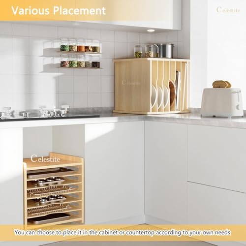 Celestite Wooden Baking Sheet Organizer for Cabinet, Baking Tray Organizer, Cookie Sheet Organizer for Cabinet Kitchen Storage Organization Accessories