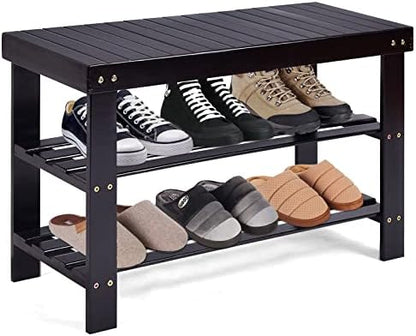 COSTWAY 3-Tier Shoe Rack Bench, Free Standing Wood Entryway Shoe Storage Organizer, Bamboo Storage Shelf for Shoes,Ideal for Home Entryway, Hallway