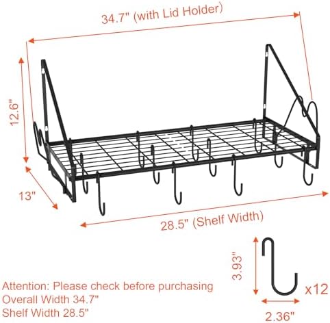 VyGrow 28 Inch Pot Rack Wall Mounted, Pots and Pans Organizer with 12 Hooks and 2 Pot Lid Holders, Heavy Duty Steel Pot and Pan Hanger for Kitchen Cookware Utensils Storage 34.7" Lx13 Wx12.6 H