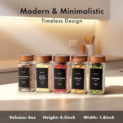 EDELHAUS Glass Spice Jars with Label, 36x Acacia Wooden Lids - Black Labels