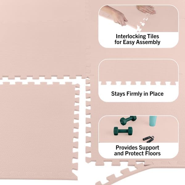 Foam Floor Tiles - 48sqft Soft Nontoxic Baby Play Mat - Interlocking Puzzle Mat for Baby, Kids Playroom, or Home Gym Flooring by Stalwart (Light Pink)