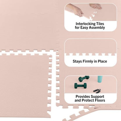 Foam Floor Tiles - 48sqft Soft Nontoxic Baby Play Mat - Interlocking Puzzle Mat for Baby, Kids Playroom, or Home Gym Flooring by Stalwart (Light Pink)