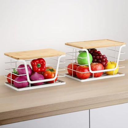 ALOCEO 2 Pack Potato and Onion Storage Bins, Large Trash Bag Holder Under Sink with Bamboo Top, Stainless Steel Pantry Organizers Storage, Kitchen Counter, White