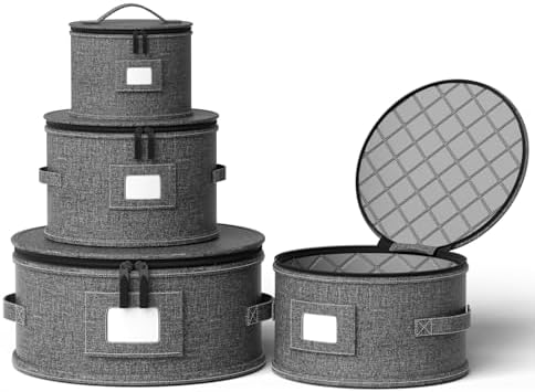 YearningHome China Storage Containers,4 Piece Set,Hard Shell Moving Boxes for Dishes,Plate,Dinnerware,Saucers Quilted Organizer Dividers for Packing Fine China Storage Containers,Grey