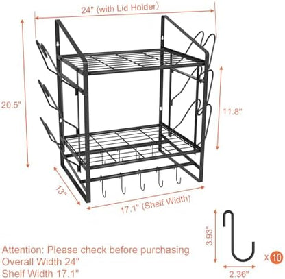 VyGrow 17 Inch Pot Rack Wall Mounted, 2 Tier Pots and Pans Organizer with 10 Hooks and 6 Pot Lid Holders, Heavy Duty Steel Pot and Pan Hanger for Kitchen Cookware Utensils Storage 24" Lx13 Wx20.5 H