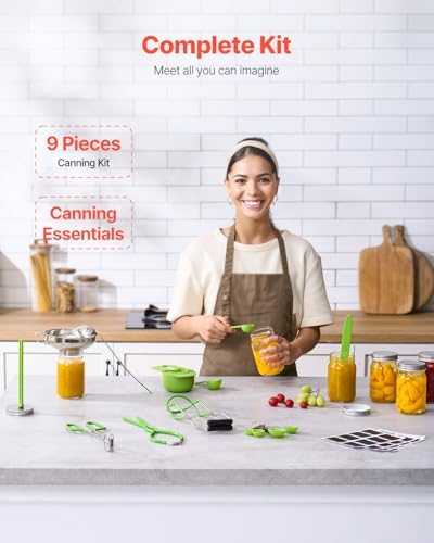VEVOR Canning Supplies Starter Kit, 9 Pieces Stainless Steel Water Bath Canning Kit for Beginners, Canning Tools Set: Ladle, Measuring Spoon & Cup, Funnel, Tongs, Jar Lifter, Jar Wrench