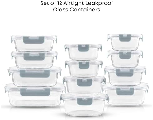 JoyJolt 24pc Borosilicate Glass Storage Containers with Lids | 12 Airtight/Freezer Safe Food Storage Containers for Pantry and Kitchen | Meal Prep Container for Lunch | Glass Tupperware Set