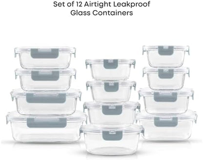 JoyJolt 24pc Borosilicate Glass Storage Containers with Lids | 12 Airtight/Freezer Safe Food Storage Containers for Pantry and Kitchen | Meal Prep Container for Lunch | Glass Tupperware Set