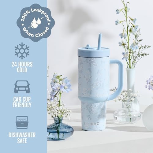 Ello Oasis 40oz Insulated Stainless Steel Tumbler with Straw, Sweet Alyssum