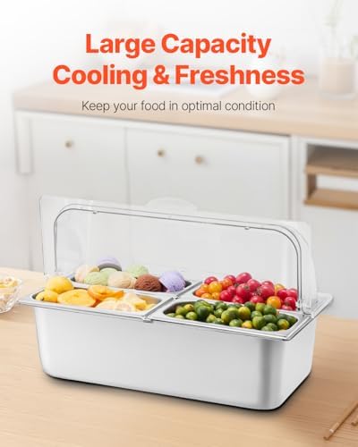 VEVOR Countertop Food Serving Display Container, 4 Pan Stainless Steel Food Serving Tray, Buffet Condiment Dispenser Display Rack with Clear Lid & 3 Freezer Boxes, for Restaurant Hotel Kitchen Party