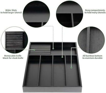 VaeFae Bamboo Silverware Drawer Organizer, 5 Slots, Black