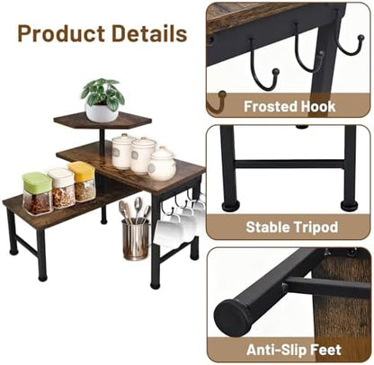 Kitchen Countertop Organizer, 3 Tier Moveable Corner Shelf Kitchen Shelf with Hook, Countertop Organizer for Bathroom, Spice Rack, Bookshelf, Coffee Area, Dresser Table (Brown)