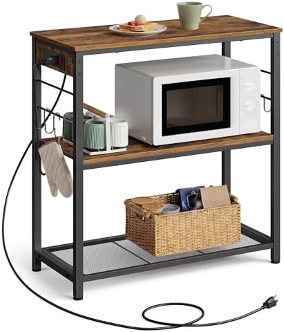 VASAGLE Kitchen Island with Power Strip, 3-Tier, 6 Hooks, Metal Frame