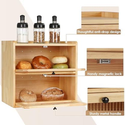 Sunhoo Bread Box for Kitchen Countertop Wooden Bread Storage Container Bin 2 Layer Breadbox Holder Large Capacity Keeper Vintage Farmhouse Food Organizer Pantry Shelf Acrylic Window（Wood color）