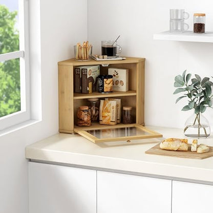 Goozii Bamboo Corner Bread Box for Kitchen Counter, 2 Tier Bread Keeper Wooden Round, Farmhouse Bread Storage Bin for Kitchen Countertop, Counter Organizer for Bread, Cup, Fruit, Spice, Snack
