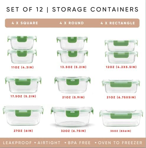 JoyJolt 24pc Borosilicate Glass Storage Containers with Lids | 12 Airtight/Freezer Safe Food Storage Containers for Pantry and Kitchen | Meal Prep Container for Lunch | Glass Tupperware Set