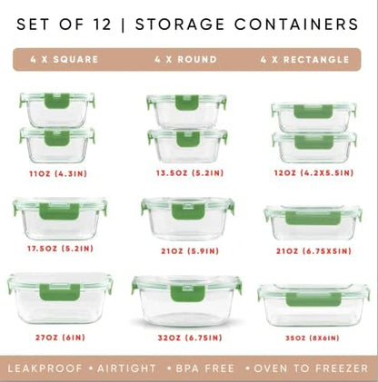JoyJolt 24pc Borosilicate Glass Storage Containers with Lids | 12 Airtight/Freezer Safe Food Storage Containers for Pantry and Kitchen | Meal Prep Container for Lunch | Glass Tupperware Set