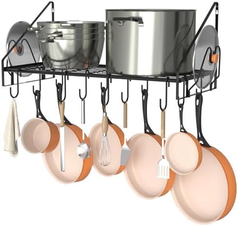 VyGrow 28 Inch Pot Rack Wall Mounted, Pots and Pans Organizer with 12 Hooks and 2 Pot Lid Holders, Heavy Duty Steel Pot and Pan Hanger for Kitchen Cookware Utensils Storage 34.7" Lx13 Wx12.6 H
