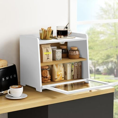 White Double Layer Bread Box for Kitchen Countertop, 2 Tier Large Breadbox