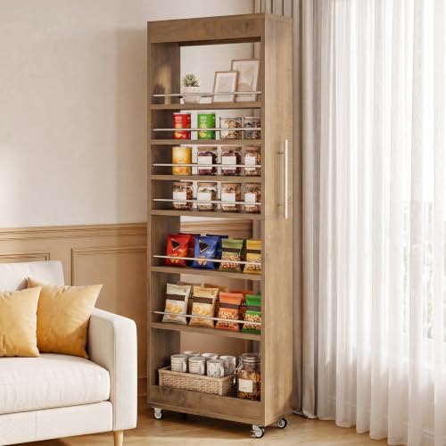 Tribesigns 73" Tall Slim Storage Cart on Rubber Wheels, 7-Tier Narrow Pantry Cabinet, Rolling Skinny Spice Rack Organizer Next to Fridge, Wooden Pull-Out Storage Shelf for Kitchen Small Spaces, Brown